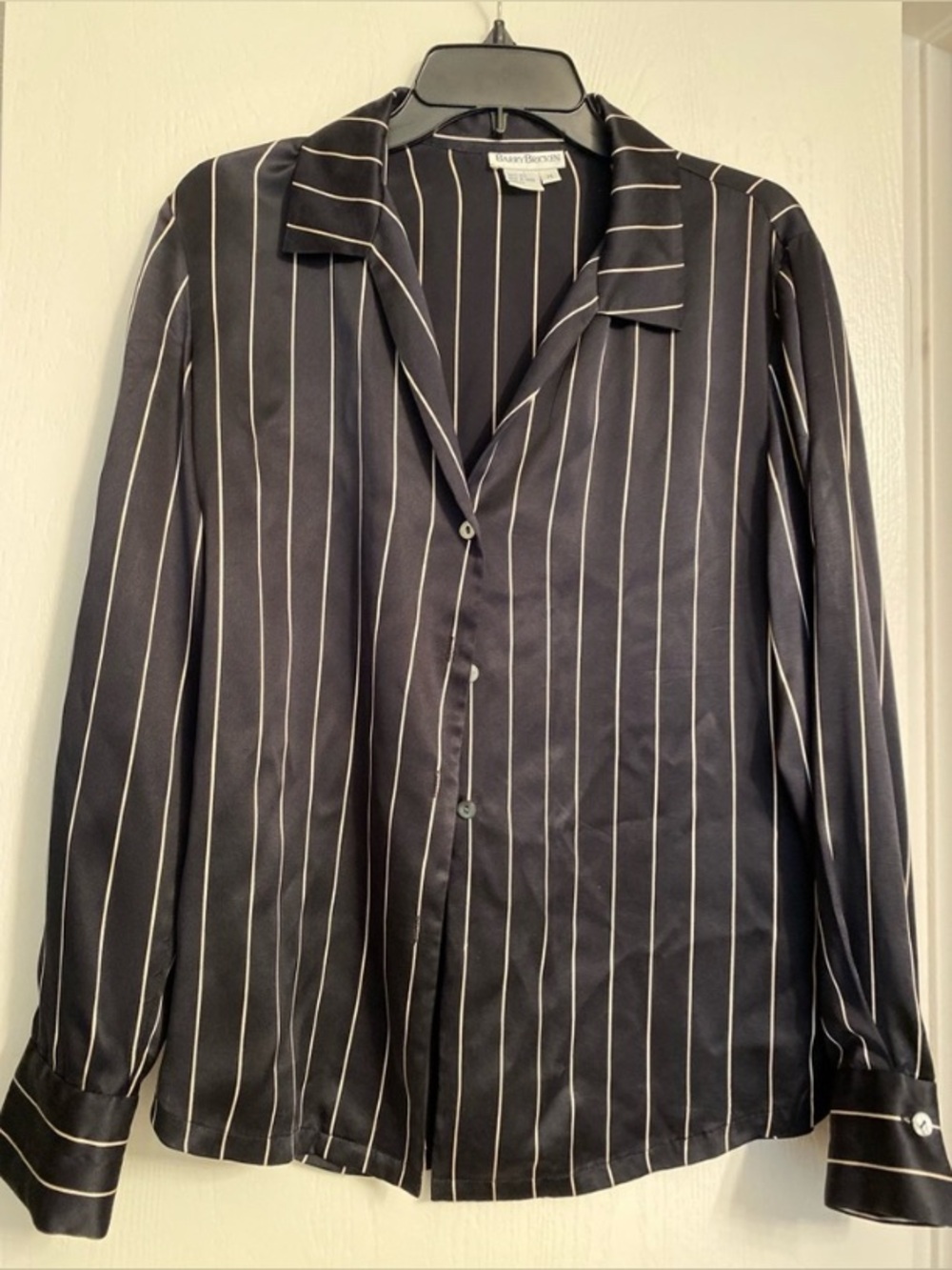VTG Barry Bricken Striped Long Sleeve Button 100% Silk Shirt Black Women Medium